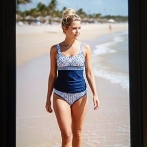 Lands' End Square Neck 2 Piece Swimsuit Tankini Bottoms Deep Sea   Womens Size 4